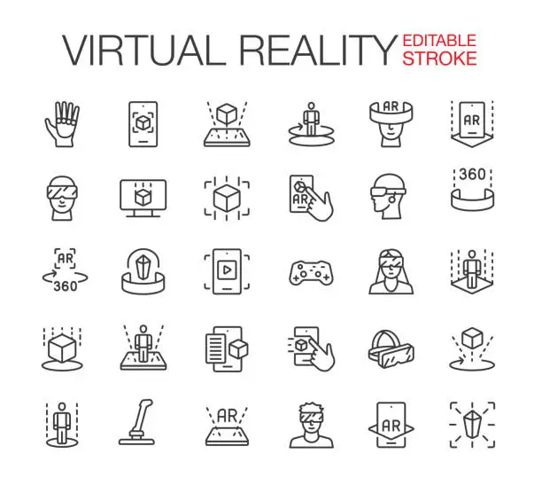 Vector illustration of 3D and Virtual Reality VR Line Icons Set Editable Stroke