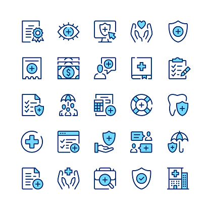 Health insurance line icons. Set of health insurance icons. Blue color. Outline stroke symbols. Vector line icons set