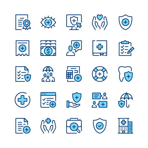 Health insurance line icons. Set of health insurance icons. Blue color. Outline stroke symbols. Vector line icons set Health insurance line icons. Set of health insurance icons. Blue color. Outline stroke symbols. Vector line icons set conceptual symbol stock illustrations