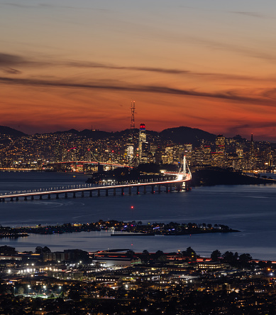 Aerial view of the Bay Bridge leading into San Francisco at sunset