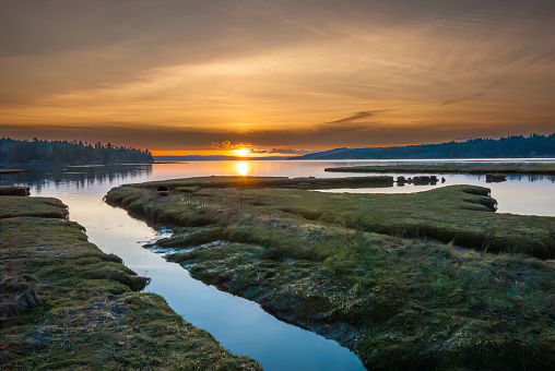 The landscapes and seascapes of Puget Sound are a constant source of inspiration for photographers.  This picture of a sunset on Hood Canal was photographed from Theler Wetlands near Belfair, Washington State, USA.