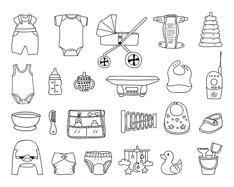 Doodle newborn baby goods iconc collection in vector.