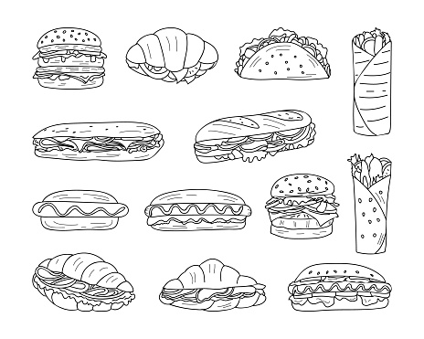 Fast food restraunt concept with doodle sandwich, burger, hotdog, roll and taco