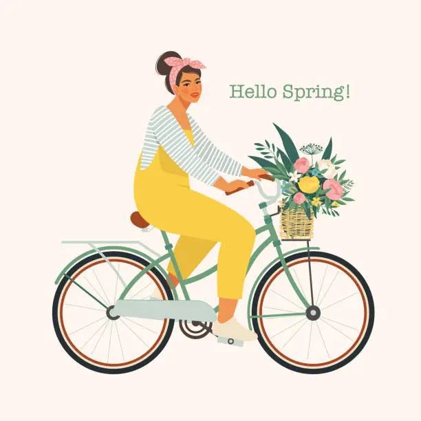 Vector illustration of Happy girl dressed in trendy clothes riding city bicycle with flower bouquet in front basket.