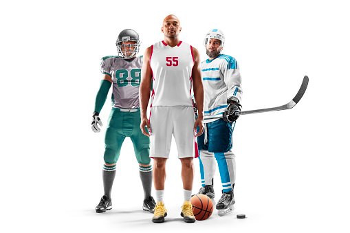 Different sports. Professional athletes. Basketball, football, hockey. Winners. Set of images of different professional sportsmen