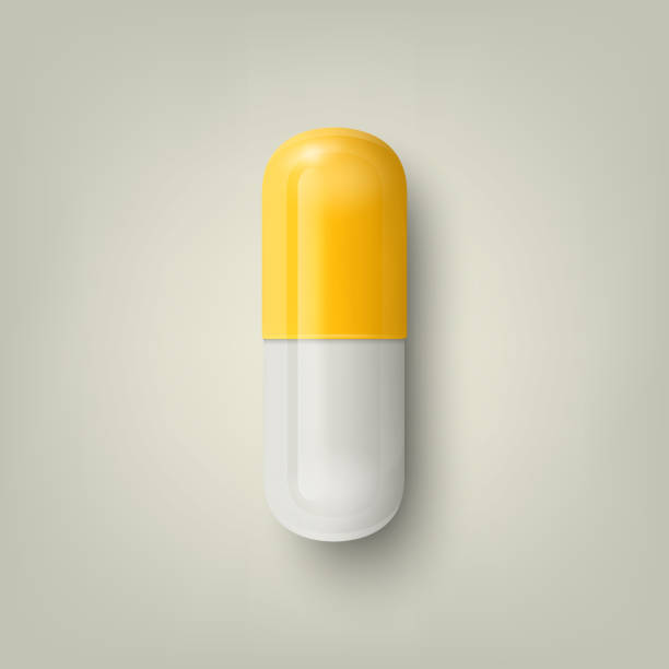 白い背景にベクター画像3dリアルな白と黄色の医薬品医療ピル、カプセル、タブレット。正面図。スペースをコピーします。医学、健康のコンセプト - capsule vitamin pill white background healthcare and medicine点のイラスト素材／クリップアート素材／マンガ素材／アイコン素材