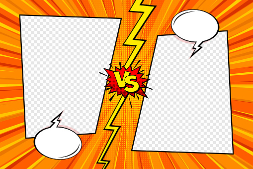 Cartoon comic background with blank place for your design. Fight versus. Comics book colorful competition or challenge poster mockup. Retro Pop Art style. Vector illustration.