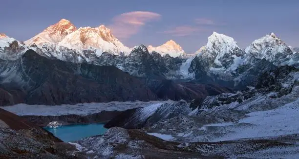 Everest, Niht view from Renjo pass to gokyo village and lake, mounts Everest, Lhotse and Makalu, Khumbu valley, Sagarmatha national park, nepalese Himalayas mountains