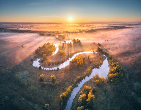 Aerial view of beautiful curving river in pink low clouds at sunrise in autumn in Ukraine. Turns of river, meadows, grass and orange trees, golden sun rays at dawn in fall. Drone view of river coast