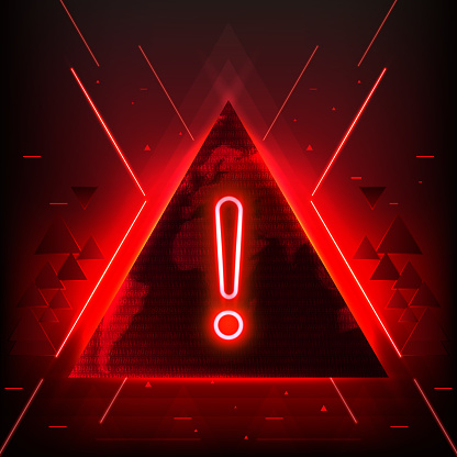 Attention Danger Hacking. Neon Symbol on Red Map Background. Security protection, Malware, Hack Attack, Data Breach Concept. System hacked error, Attacker alert sign computer virus. Ransomware. Vector illustration