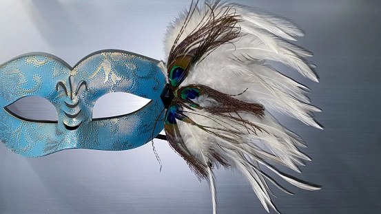 blue carnival mask with white feathers
