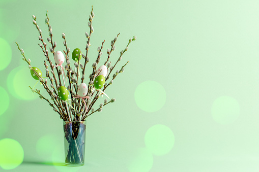 Easter eggs decorations and pussy willow twigs with catkins in a vase. Beautiful defocused lights bokeh. Space for copy.