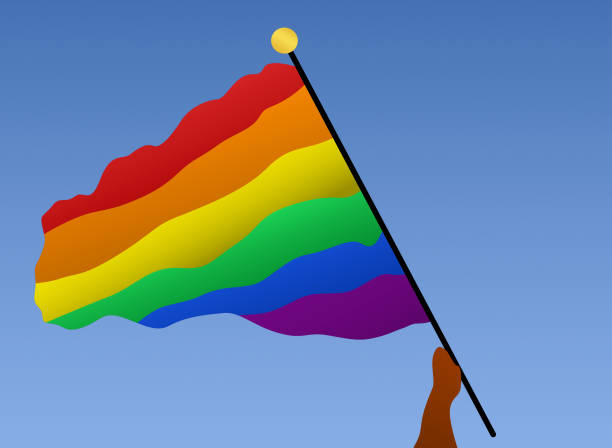 Person of color waving a rainbow flag, from the lgbt+ community Person of color waving a rainbow flag, from the lgbt+ community. Wave flag lgbt history month stock illustrations