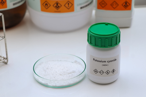 potassium cyanide in bottle , chemical in the laboratory and industry, Chemical used in the analysis
