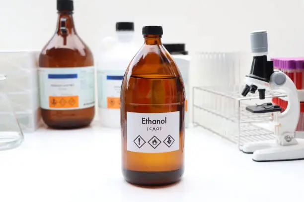 ethanol in bottle , chemical in the laboratory and industry, Chemicals used in the analysis