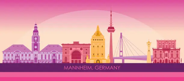 Vector illustration of Sunset Skyline panorama of city of Mannheim, Germany