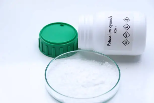 potassium cyanide in bottle , chemical in the laboratory and industry, Chemical used in the analysis