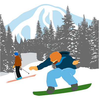 Snowboarding at a ski resort, youth doing winter sport, in flat design illustration style,