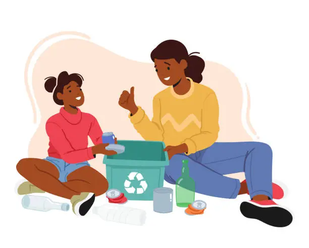 Vector illustration of Mother Teaching Daughter Sorting Trash. Kids Separate Garbage into Litter Bin, Waste Management And Responsibility