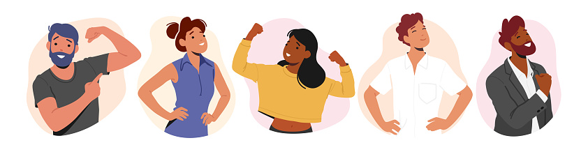 Set of Confident People. Male and Female Characters Exude Confidence And Self-assuredness Posing with Strong Postures Showing Strength and Power. Cartoon People Vector Illustration