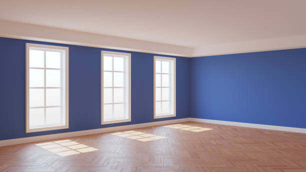 istock Sunny Interior with Dark Blue Walls, Three Large Windows, White Ceiling and Cornice 1465412301