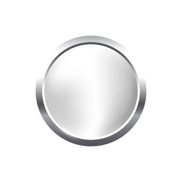 Silver round button with frame vector illustration. 3d steel glossy elegant circle design for empty emblem, medal or badge, shiny and gradient light effect on plate isolated on white background Silver round button with frame vector illustration. 3d steel glossy elegant circle design for empty emblem, medal or badge, shiny and gradient light effect on plate isolated on white background. silver medal stock illustrations