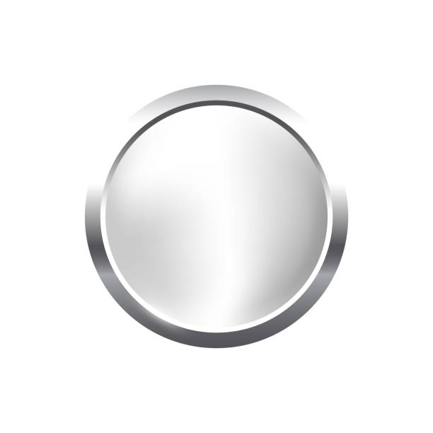Silver round button with frame vector illustration. 3d steel glossy elegant circle design for empty emblem, medal or badge, shiny and gradient light effect on plate isolated on white background Silver round button with frame vector illustration. 3d steel glossy elegant circle design for empty emblem, medal or badge, shiny and gradient light effect on plate isolated on white background. silver colored stock illustrations