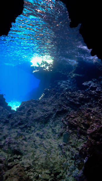 istock Underwater cave diving in rays of light 1465412660
