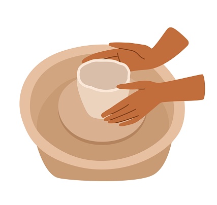 Closeup of craftsman hands on pottery wheel making a pot out of clay. Vector illustration isolated on white