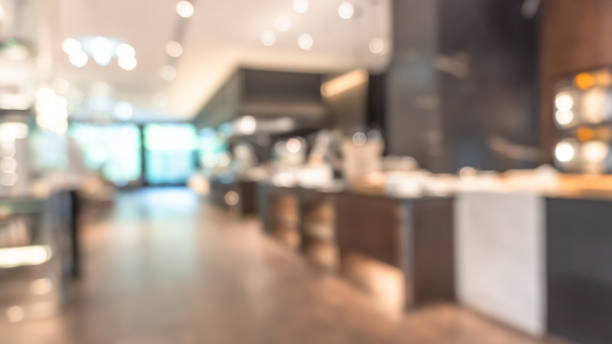 istock Buffet at hotel restaurant interior blur background with blurry open kitchen counter bar of food catering service business with chef staff cooking for breakfast, lunch or dinner meal 1465415875
