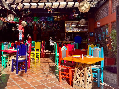 Cabo San Lucas Mexico Jan 2023 brightly coloured decor of a restaurant serving traditional Mexican Cuisine