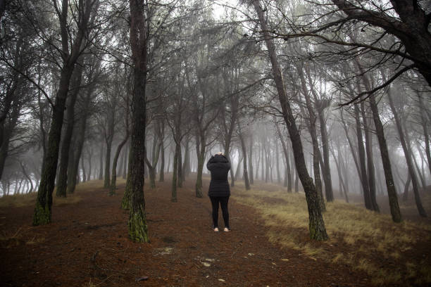 istock Woman in forest with fog 1465418355