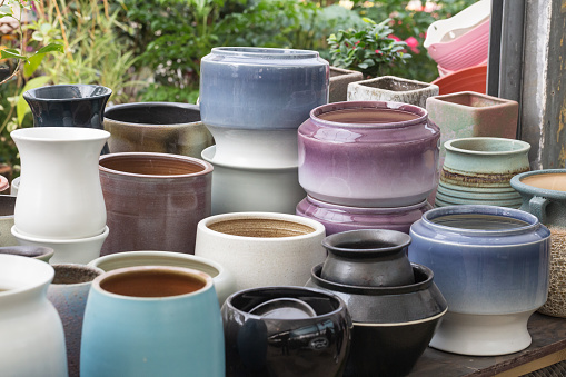 Colorful pottery and porcelain vases and flower pots
