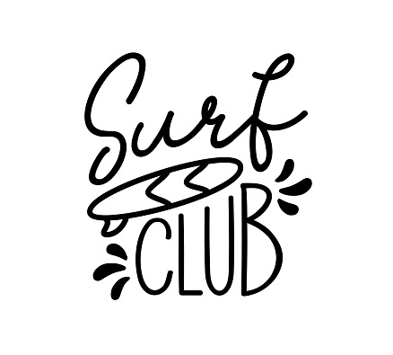 Surf club logo. Minimal vector illustration. Surfing design badge, sign. Black and white icon for surf club. Typography lettering logo with surfboard. Summer camp adventure.