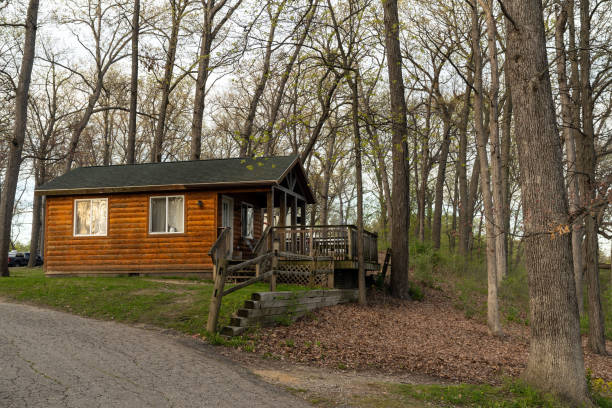 istock Wooden hut cabin at rural fall landscape 1465424977