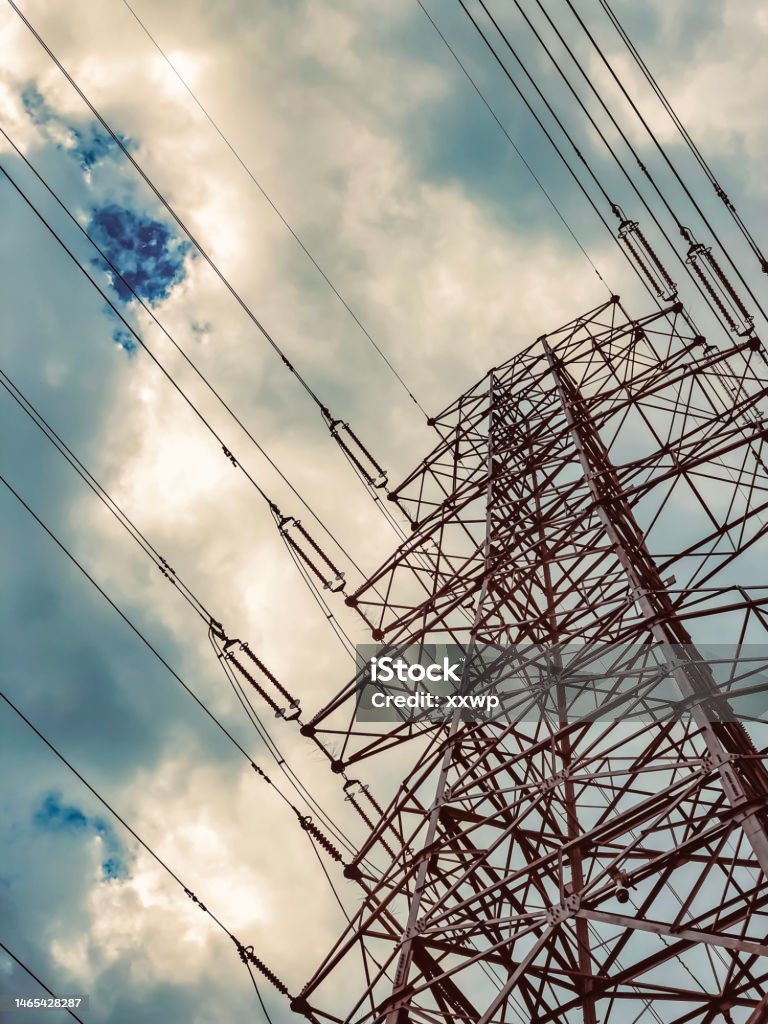 Electricity Pylon, High voltage electricity transmission tower, power tower Power Line Stock Photo