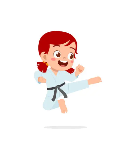 Vector illustration of cute little kid training and showing karate pose