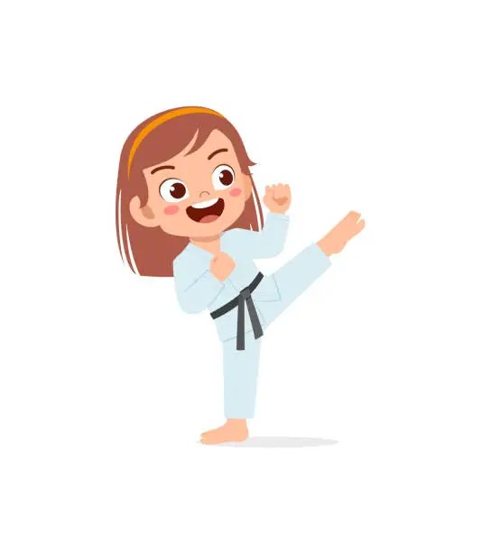 Vector illustration of cute little kid training and showing karate pose