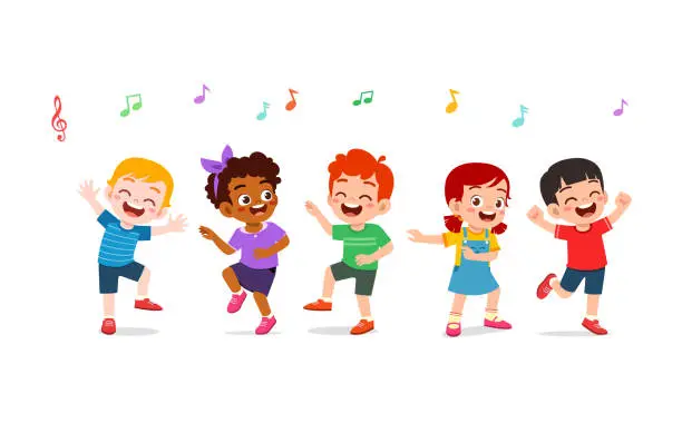 Vector illustration of little kid dance with friend and feel happy