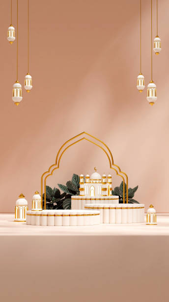 istock white gold podium in portrait lantern and mosque ramadan kareem, 3d render mockup template 1465435720