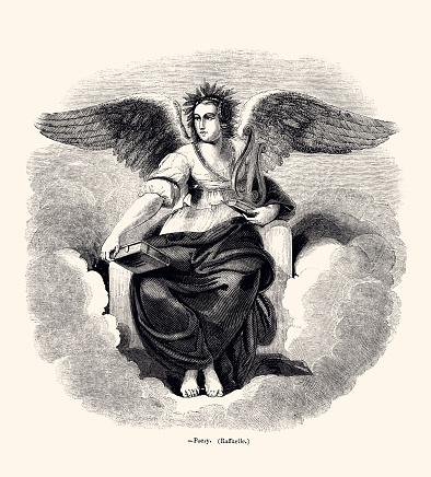Angelic woman representing Poesy, after Raffaelle. Vintage engraving circa late 19th century. Digital Restoration by Pictore.
