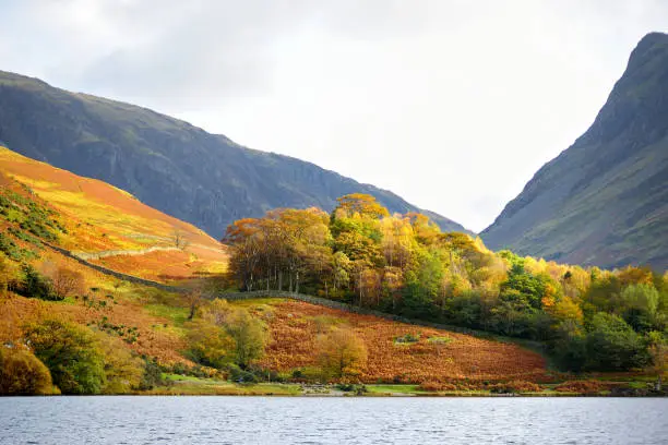 Buttermere lake, located in the Lake District, Cumbria, UK. Popular tourist attraction in Lakeland, offering footpath running round the lake and walks to the summits of Haystacks and Red Pike.