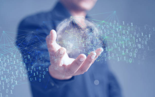 istock Blockchain technology and blockchain network business banner ideas Global cryptocurrency blockchain title. Blockchain title side view with 0's and 1's flying on top. image of investors 1465437354