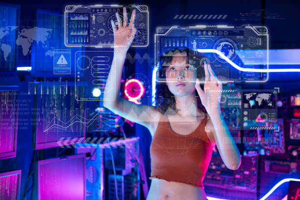 istock An Asian woman is touching interface on virtual reality screen , Technology futuristic concept . 1465438485