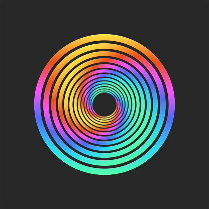 Circles logo, cyberpunk fractal round shape from vortex bright rainbow gradient design round geometric form.