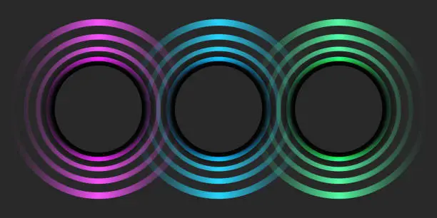 Vector illustration of Three large circles pattern with effect ripples colorful halftone neon, circular blank frames shine abstract background, geometric round shapes with empty copy space mockup.