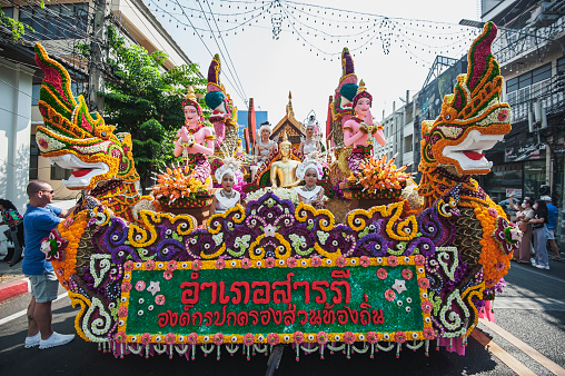 Chiang Mai, Thailand - February 04, 2023: Flower floats and parades The 46th Annual Flower Festival 2023 in Chiang Mai, Thailand