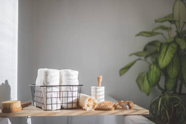 istock Bathroom domestic spa procedure body care tools arrangement minimal ecology space organization 1465445992