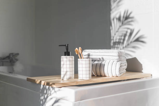 istock Bathroom domestic spa procedure body care tools arrangement minimal ecology space organization 1465447328