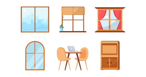 Vector illustration of Different design of window,chair with table,cupboard.Furniture element in cartoon,